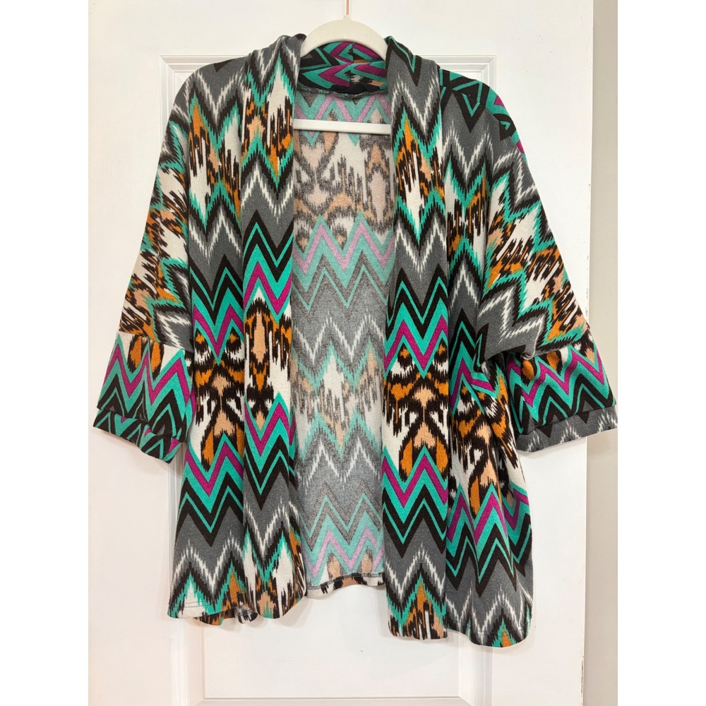 Boutique Chevron Ikat Kimono Cardigan Teal Magenta Large Western Boho